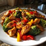 Close-up of glistening honey garlic chicken stir fry mixed with bright broccoli florets and bell peppers.
