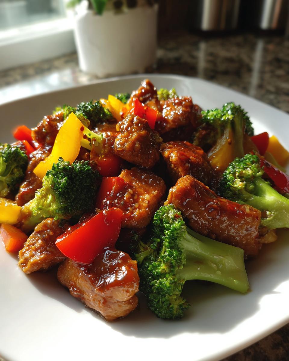 Close-up of glossy honey garlic chicken stir fry mixed with bright green broccoli and red/yellow bell peppers on a white plate.