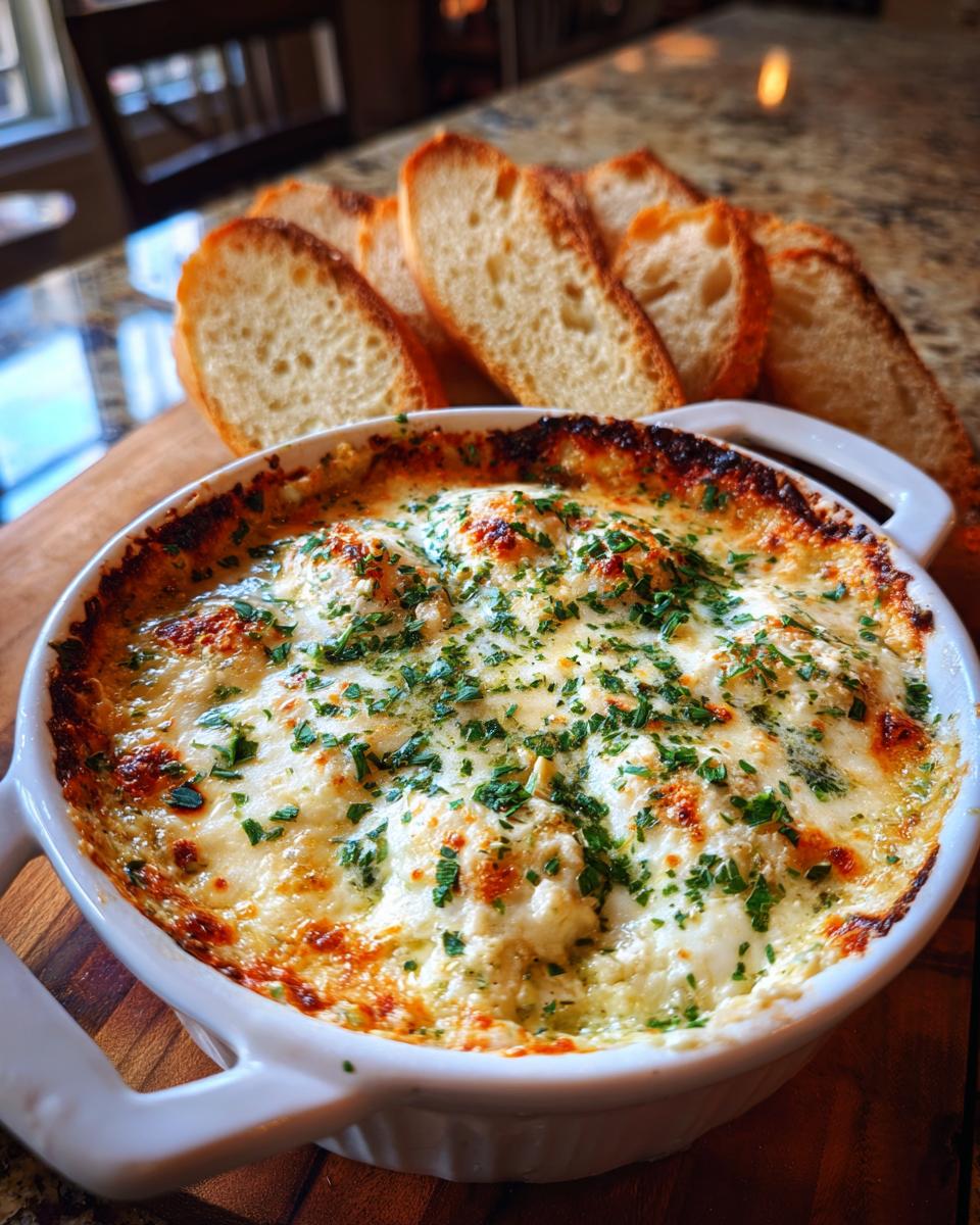 A bubbling hot, cheesy bread dip topped with parsley, served with toasted baguette slices.