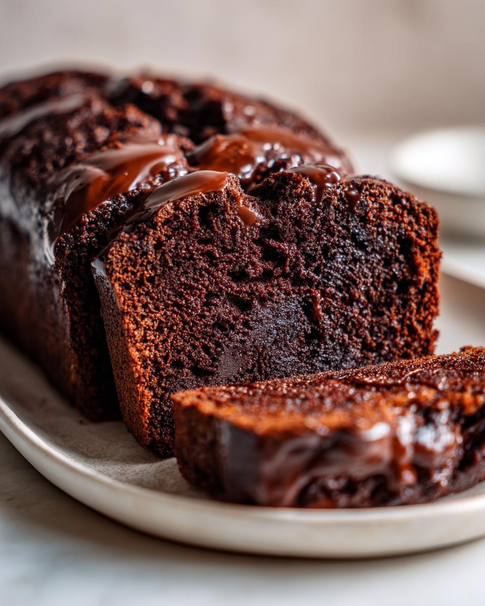 Close-up of rich, dark hot fudge brownie bread loaf sliced and drizzled with glossy chocolate sauce.