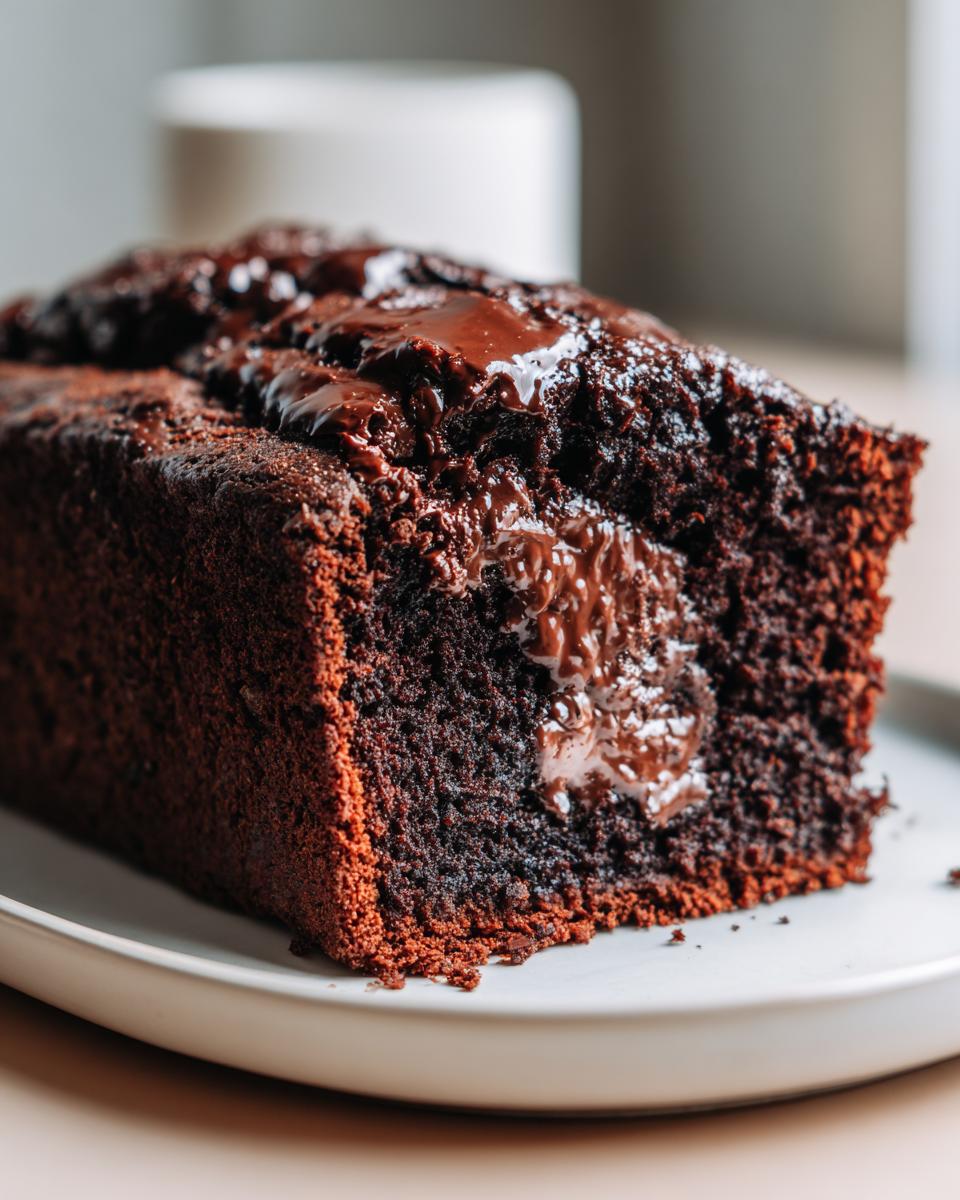 Close-up of a slice of rich, dark hot fudge brownie bread showing a molten chocolate center.