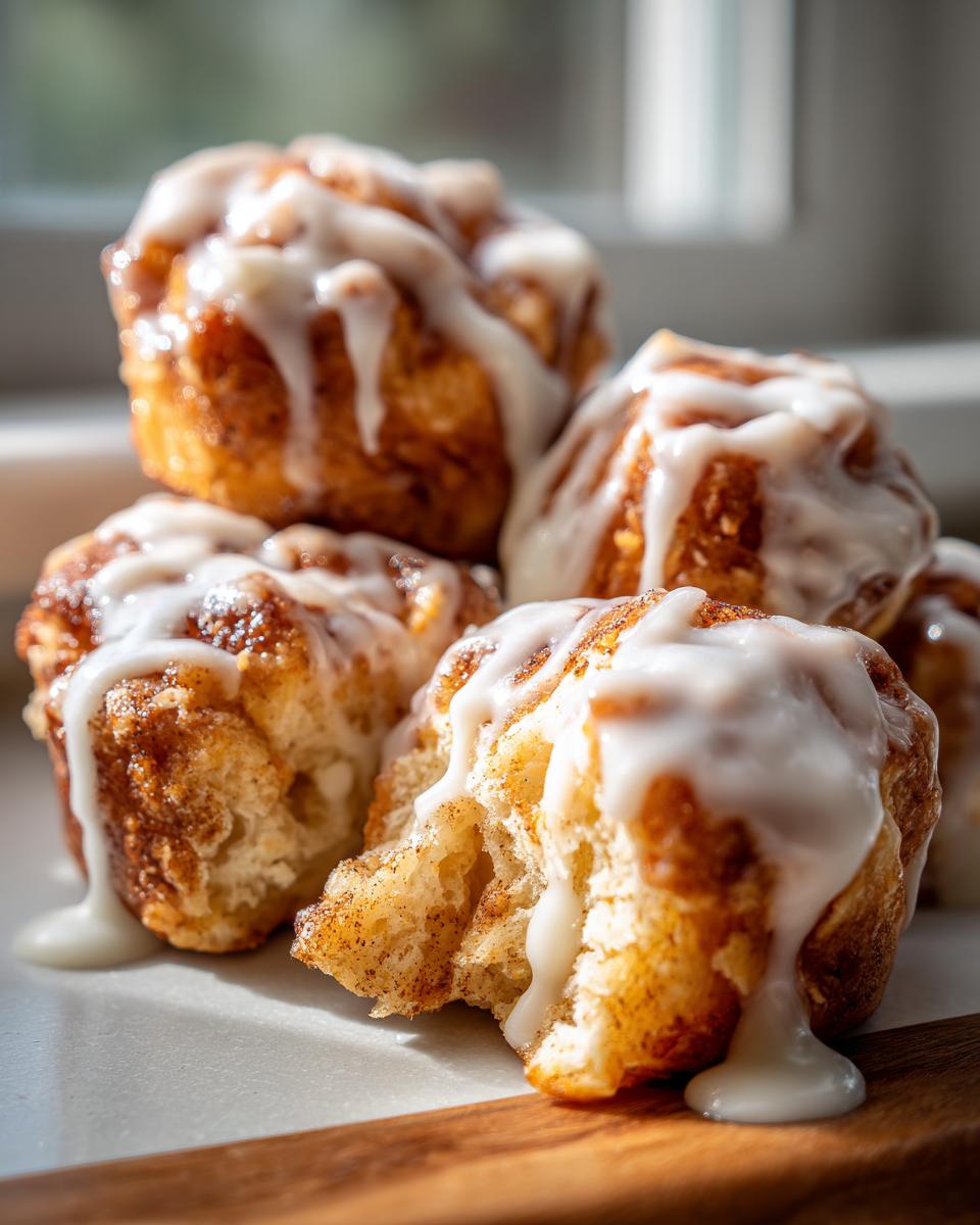 A stack of gooey, freshly baked cinnamon roll bites drizzled generously with white icing.