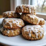 A tempting stack of freshly baked iced oatmeal cookies topped with a thick, dripping vanilla glaze.