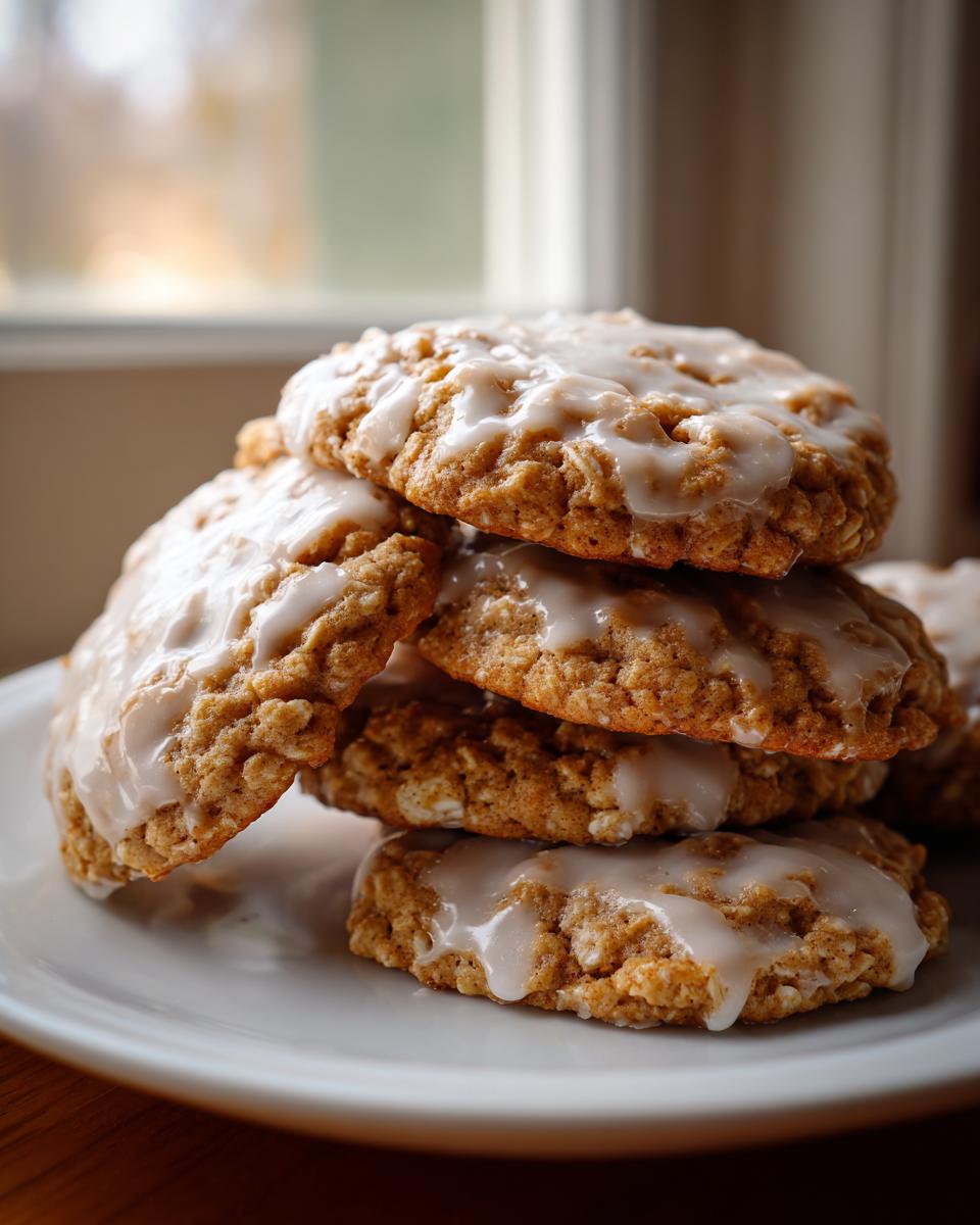 A stack of delicious iced oatmeal cookies topped with a thick, white vanilla glaze.