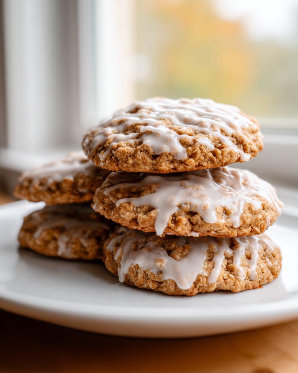 A stack of four delicious iced oatmeal cookies topped with a thick white glaze, sitting on a white plate.