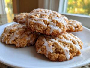 A close-up stack of soft, textured iced oatmeal cookies drizzled with a sweet white glaze.