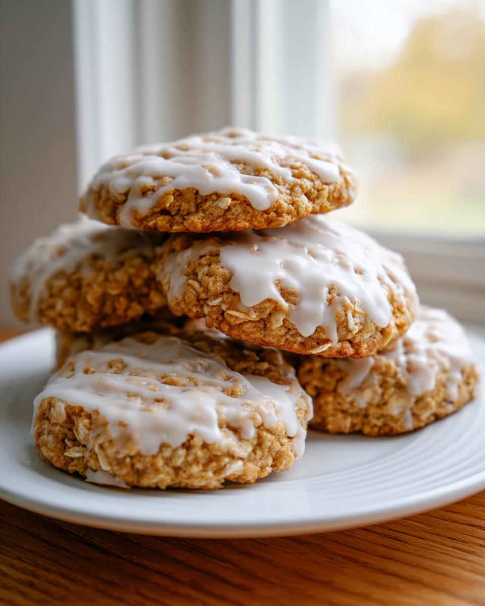 A stack of freshly baked iced oatmeal cookies topped with a thick white glaze, resting on a white plate.