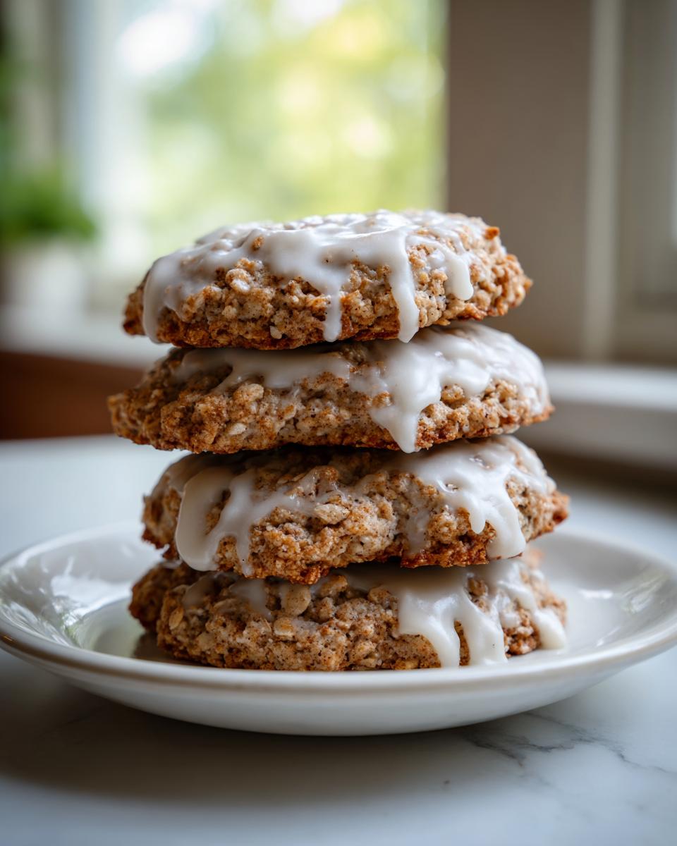 A stack of four delicious iced oatmeal cookies topped with thick white icing drizzling down the sides.