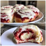 A split image showing a plate of red velvet cinnamon rolls and a close-up of one with a bite taken out.