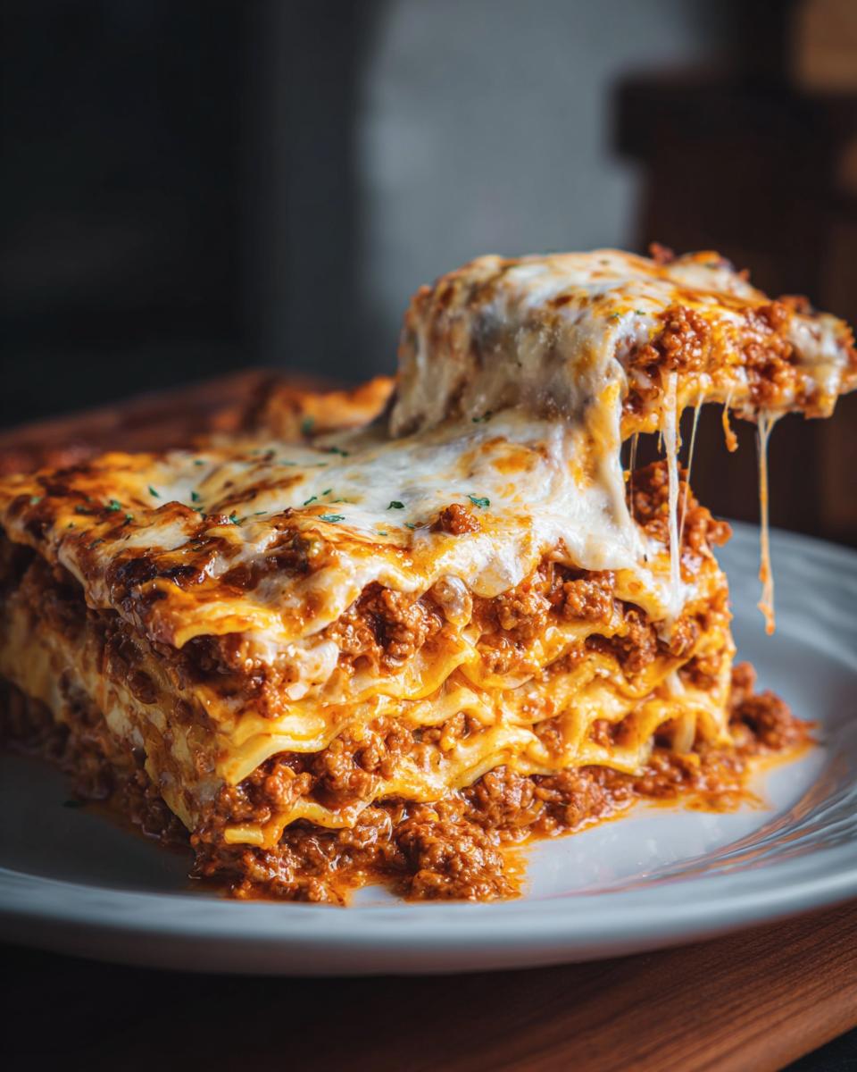 A decadent slice of instant pot lasagna being lifted, showing extreme cheese pull and layers of meat sauce.