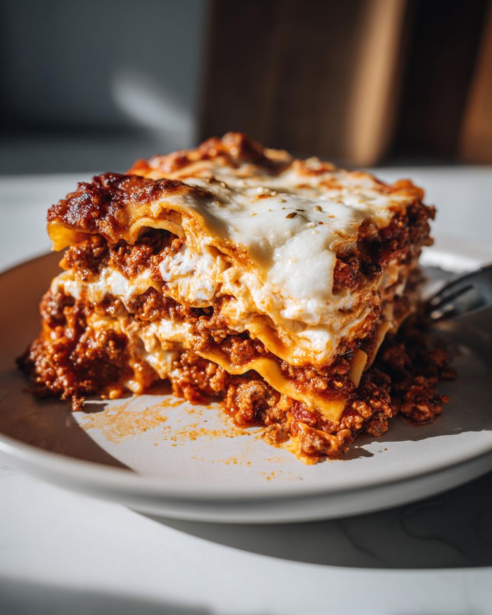 Close-up of a tall, layered slice of instant pot lasagna with rich meat sauce and melted cheese topping.