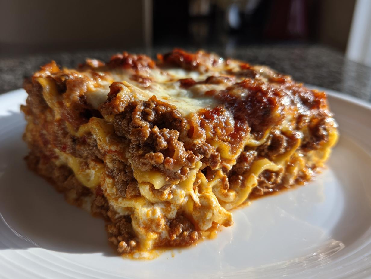 Close-up of a thick, layered slice of instant pot lasagna featuring meat sauce and melted cheese.