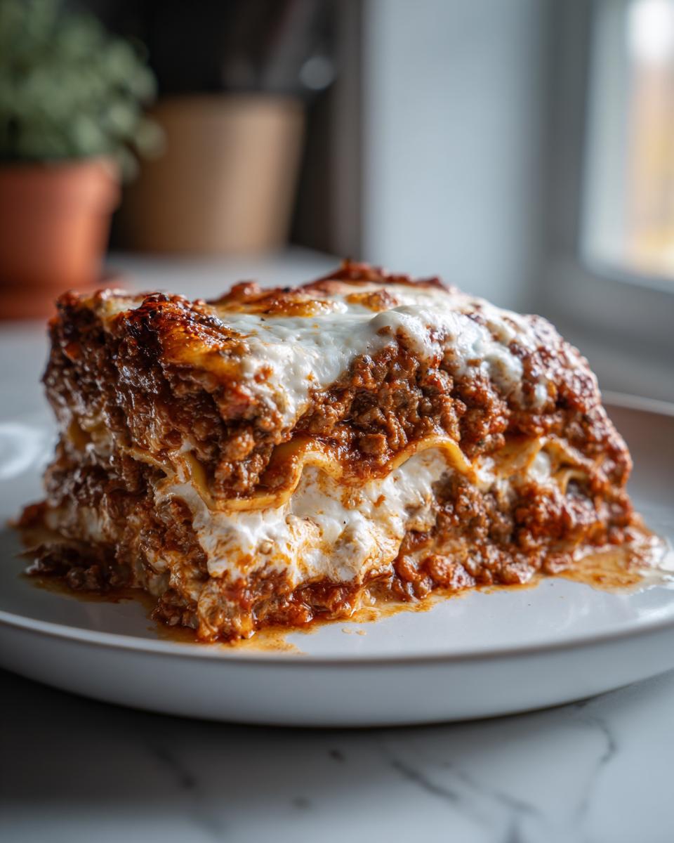 A thick, rich slice of instant pot lasagna featuring layers of pasta, meat sauce, and melted white cheese.