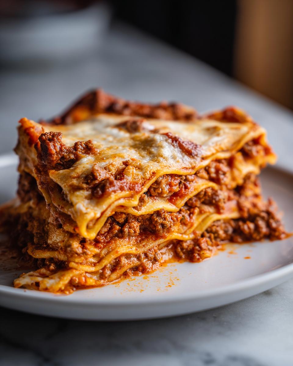 A thick, layered slice of instant pot lasagna featuring rich meat sauce and melted cheese on a white plate.