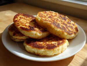 A stack of four golden-brown, griddle-cooked irish potato farls resting on a white plate under natural light.