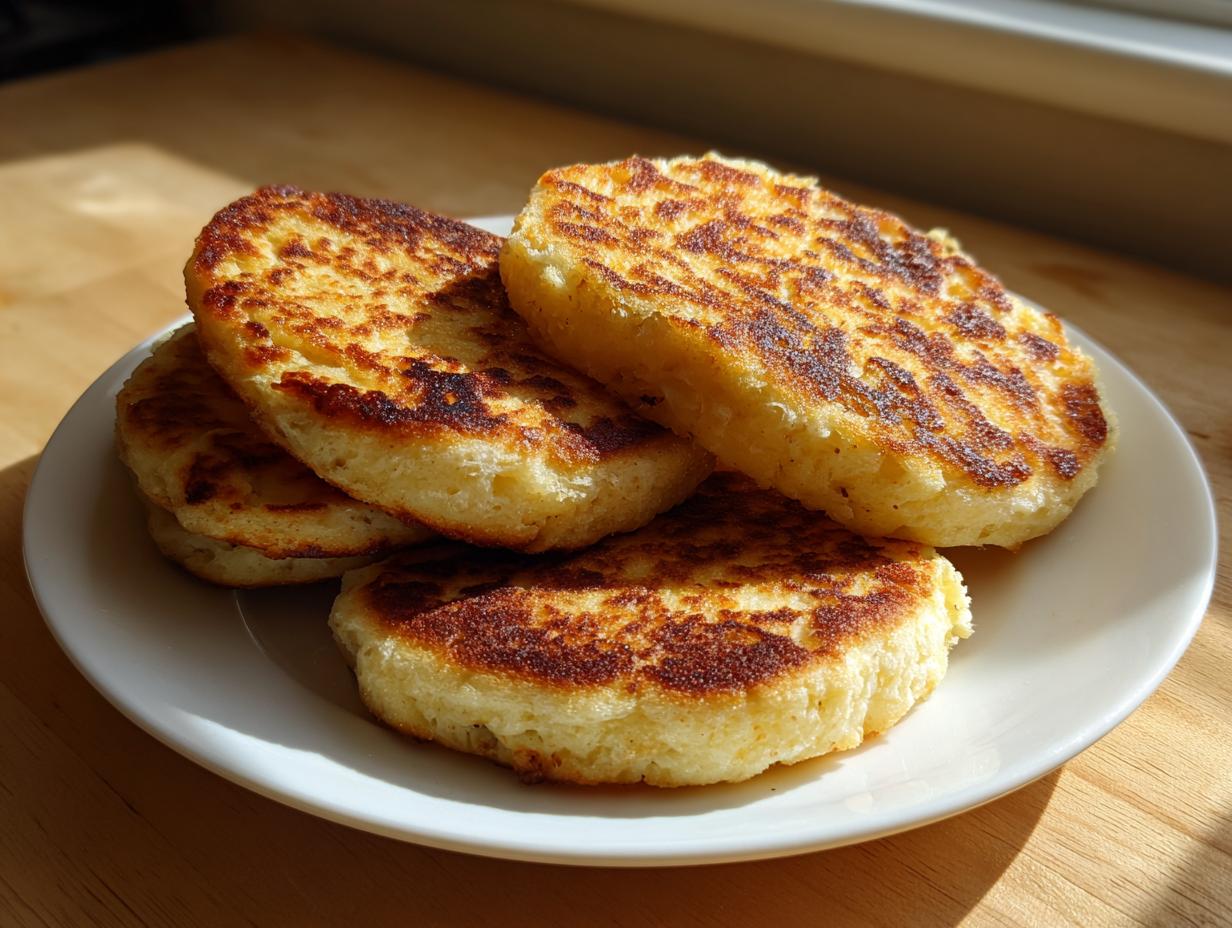 A stack of four golden-brown, griddle-cooked irish potato farls resting on a white plate under natural light.