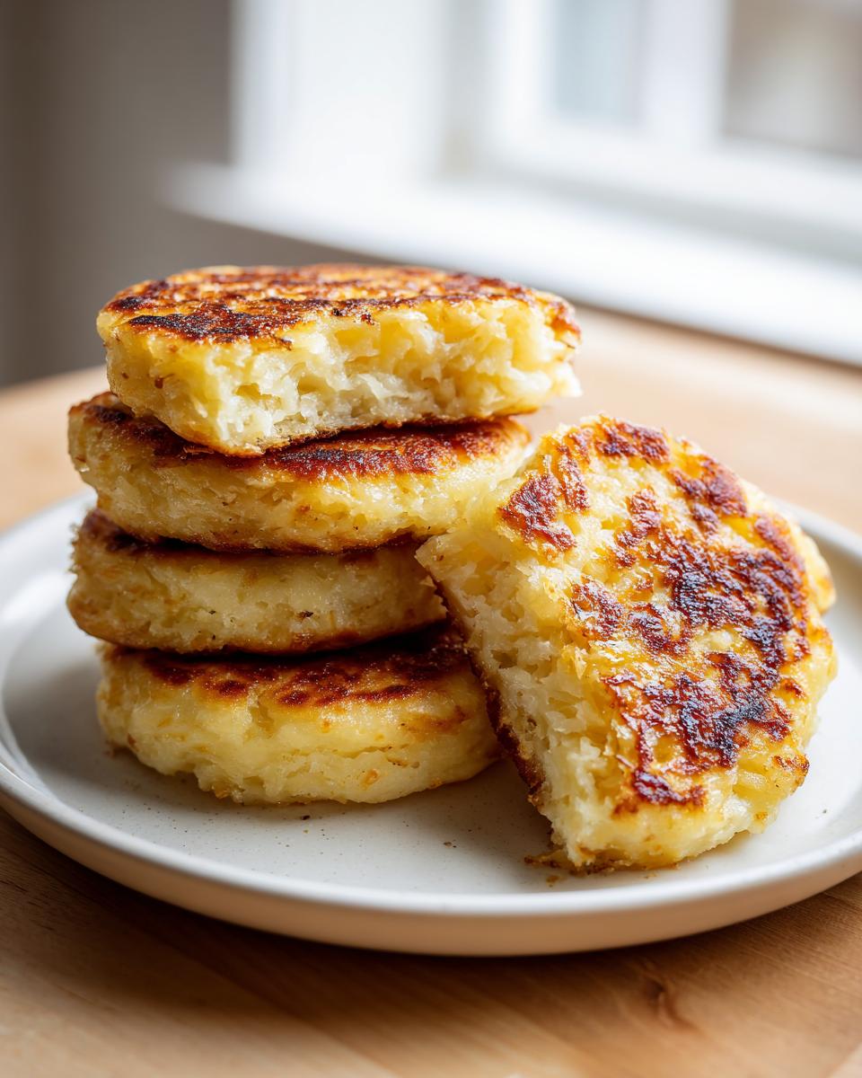 A stack of four golden-brown, pan-fried irish potato farls, with one cut open showing the fluffy interior.
