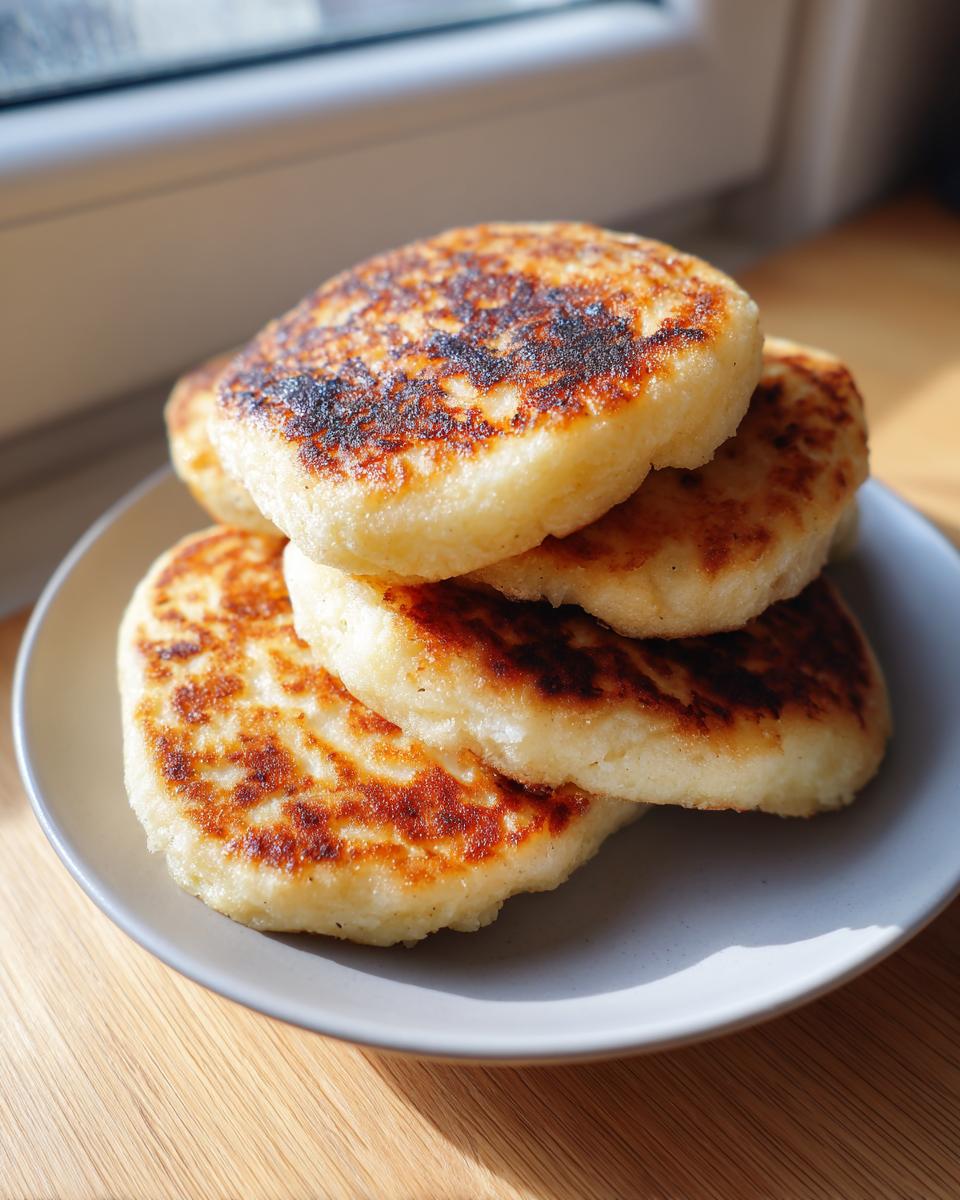 A stack of four golden-brown, pan-fried irish potato farls resting on a light gray plate near a window.