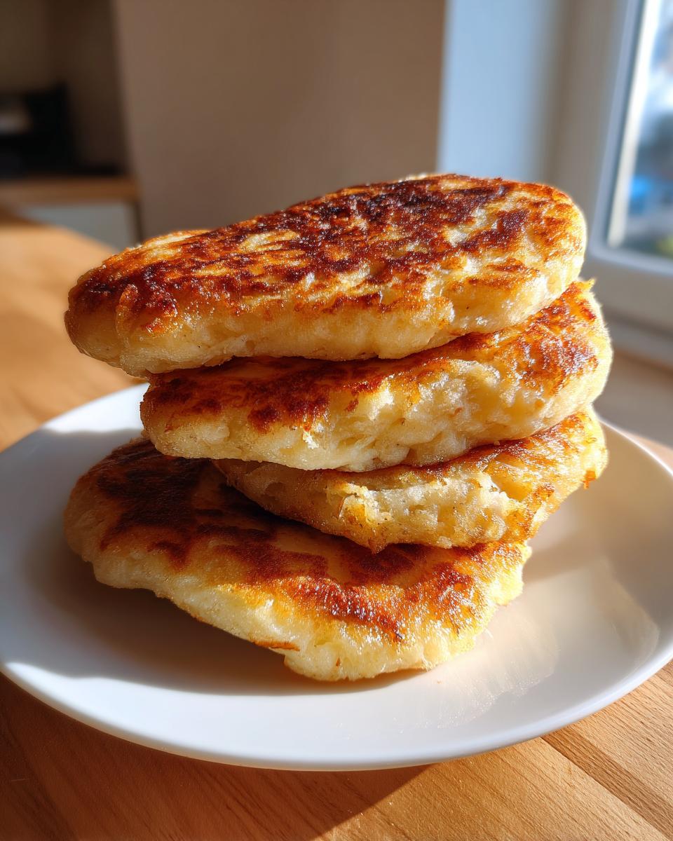 A stack of three golden brown, freshly cooked irish potato farls resting on a white plate.
