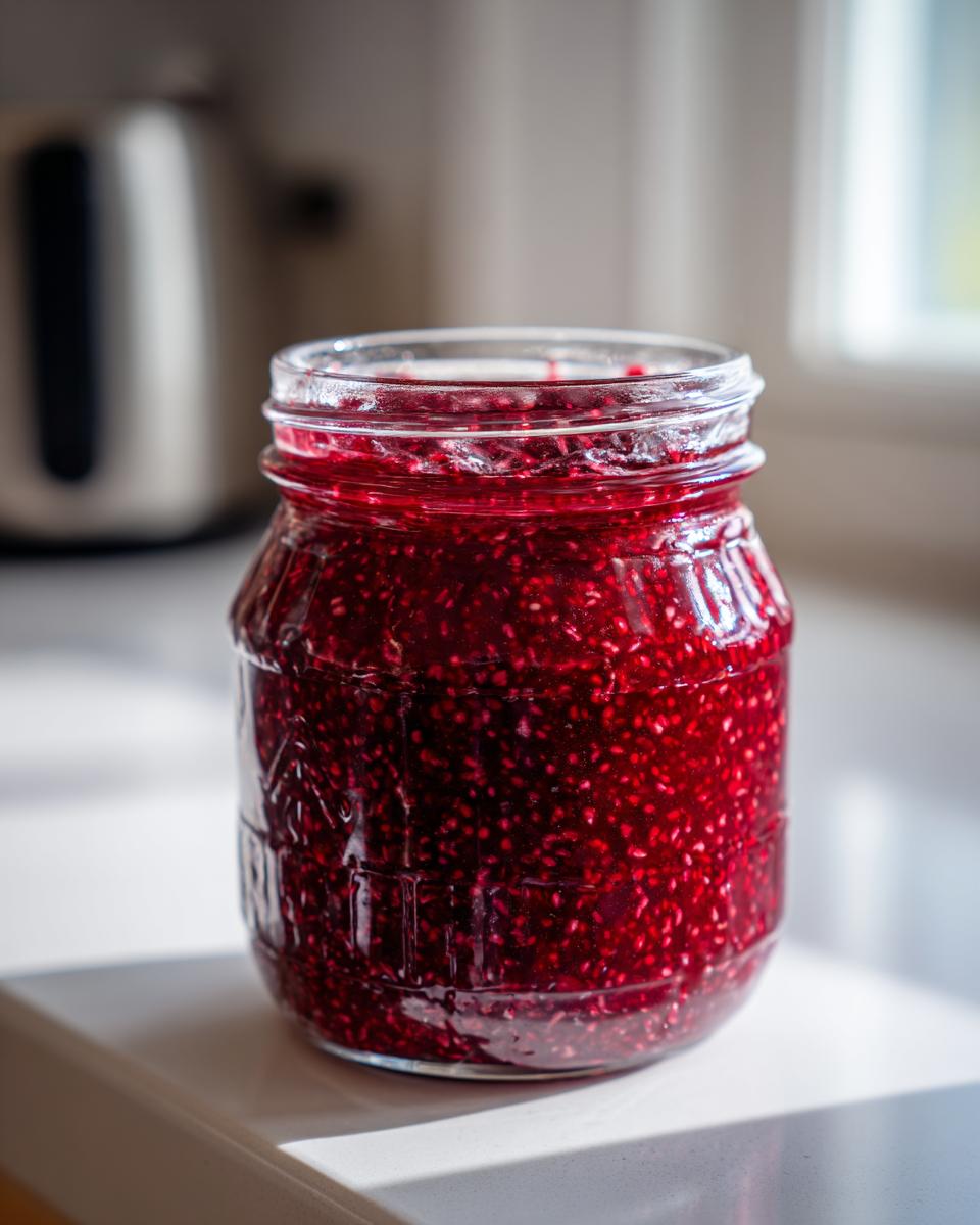 A glass jar filled with vibrant, deep red homemade raspberry jam, showing many visible seeds.