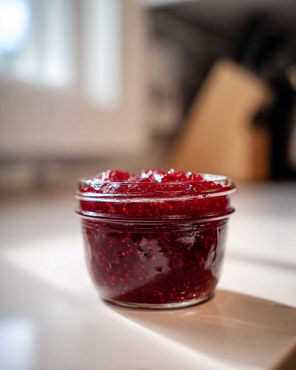 A small glass jar filled with rich, dark red homemade raspberry jam, catching sunlight on a light surface.