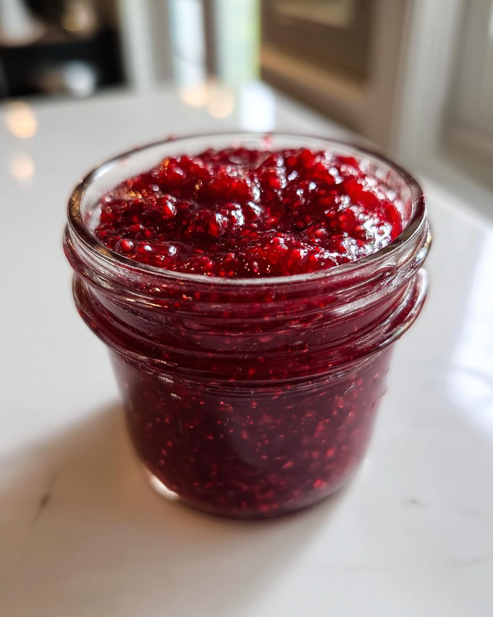 Close-up of a small glass jar filled with vibrant, chunky raspberry jam on a white surface.
