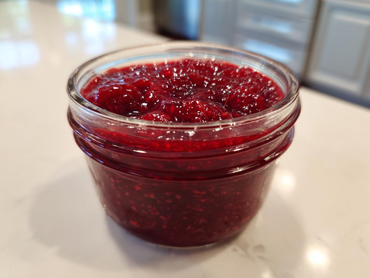 Close-up of a small glass jar filled with bright, chunky homemade raspberry jam.