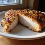 Cross-section view showing the moist interior of a perfectly baked chicken breast with a golden, herbed crust.