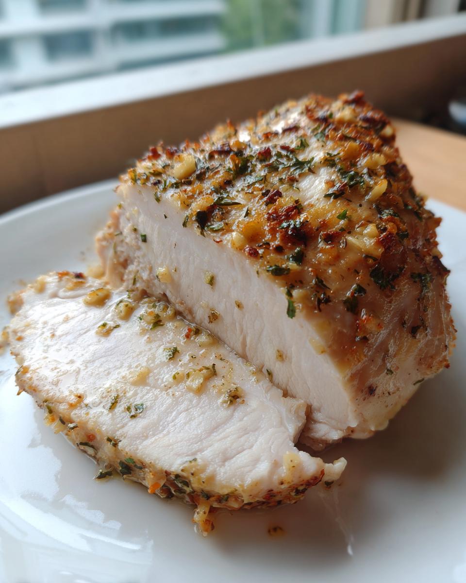 Close-up of a juicy baked chicken breast, sliced to show tender white meat and a golden herb crust.
