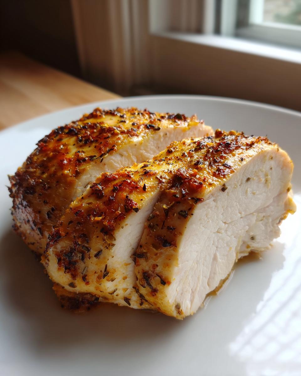 Close-up of a juicy baked chicken breast, sliced to show the white interior and seasoned, golden-brown crust.