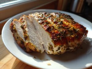Close-up of a juicy baked chicken breast, sliced to show the white interior and herb-crusted exterior.