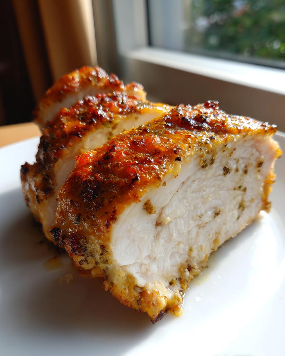 Close-up of juicy baked chicken breast, sliced to show moist white meat and a golden, seasoned crust.