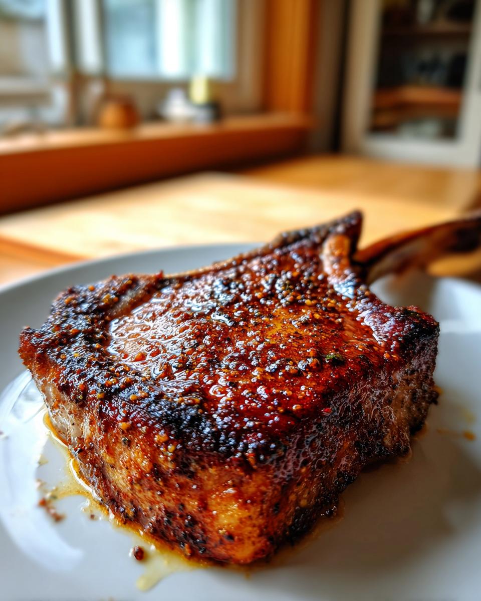 Close-up of a thick, bone-in baked pork chop with a dark, seasoned, and glossy crust.