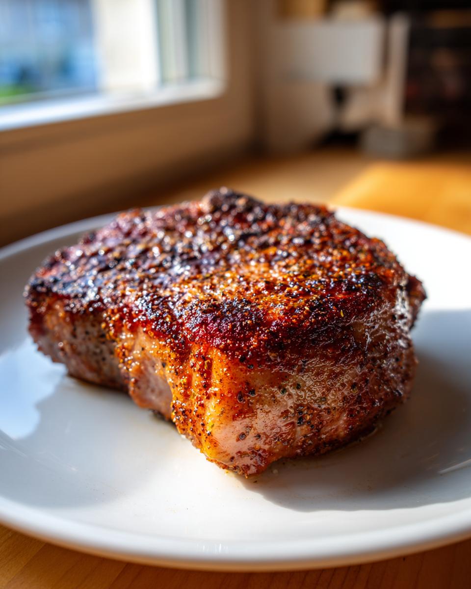 Close-up of a perfectly seasoned and juicy baked pork chop resting on a white plate.