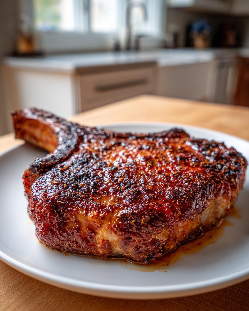 Close-up of a perfectly seasoned and juicy baked pork chop with a dark, caramelized crust resting on a white plate.