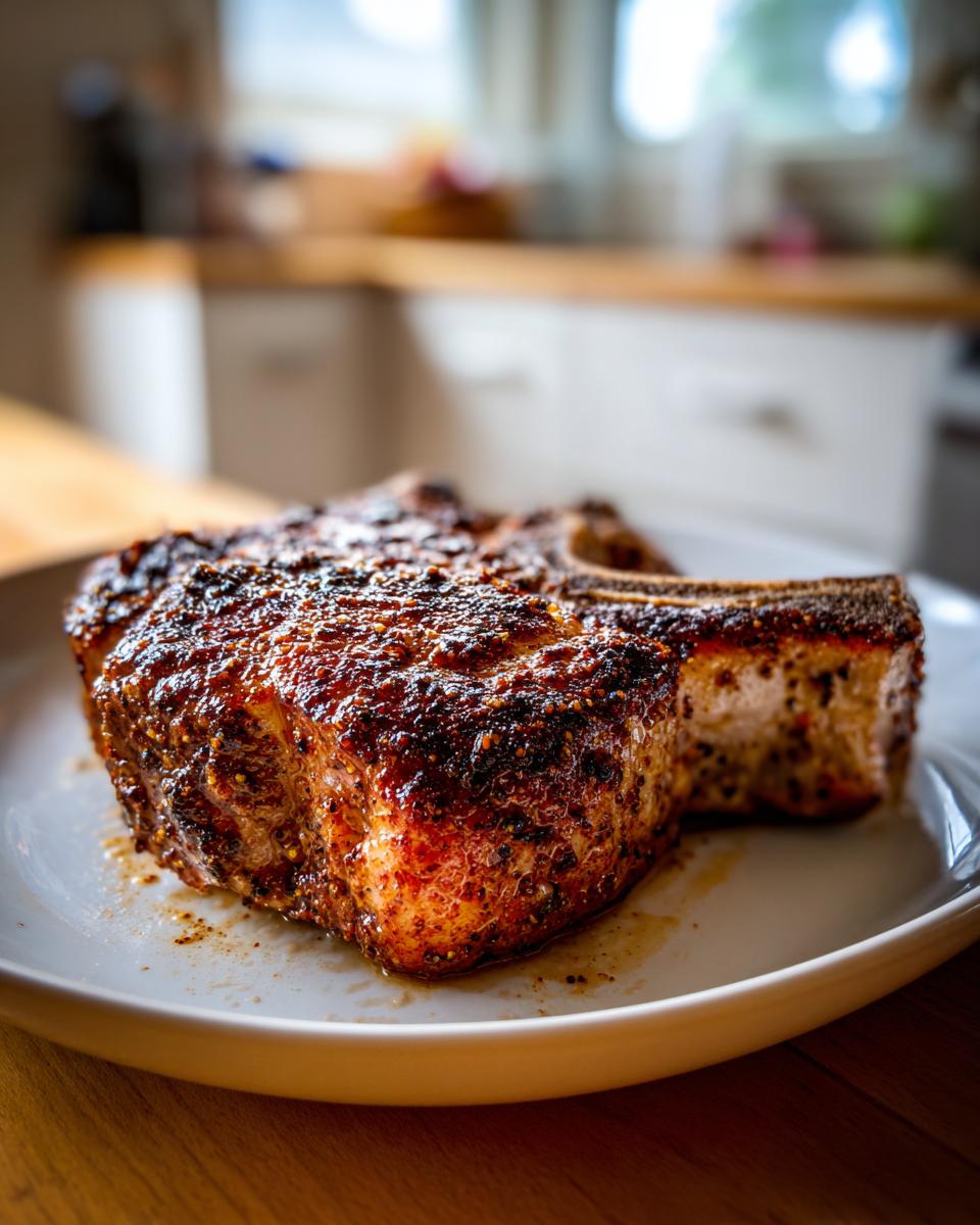 A perfectly seasoned and juicy baked pork chop resting on a white plate, showing a dark, caramelized crust.