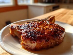 Close-up of a single, thick, juicy baked pork chop with a dark, caramelized glaze resting on a white plate.