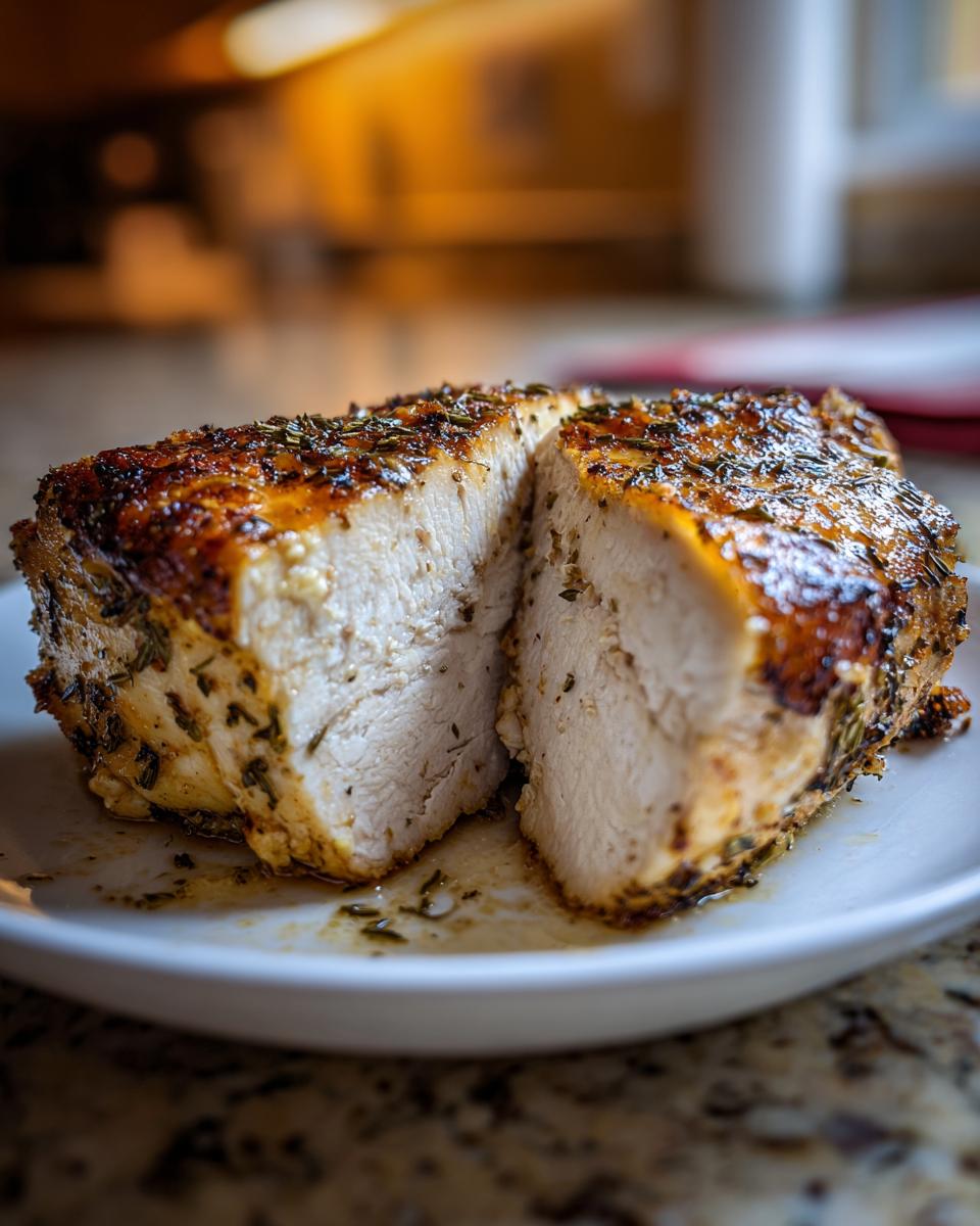 Close-up of juicy greek chicken breast, seasoned and cooked perfectly, cut to show moist interior.