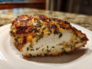 Close-up of a perfectly cooked, juicy greek chicken breast, showing white interior and herb crust.