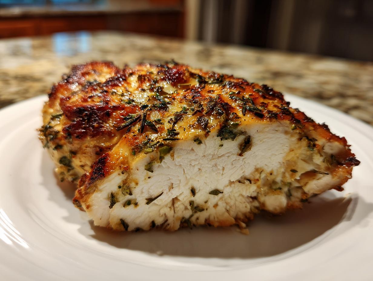Close-up of a perfectly cooked, juicy greek chicken breast, showing white interior and herb crust.