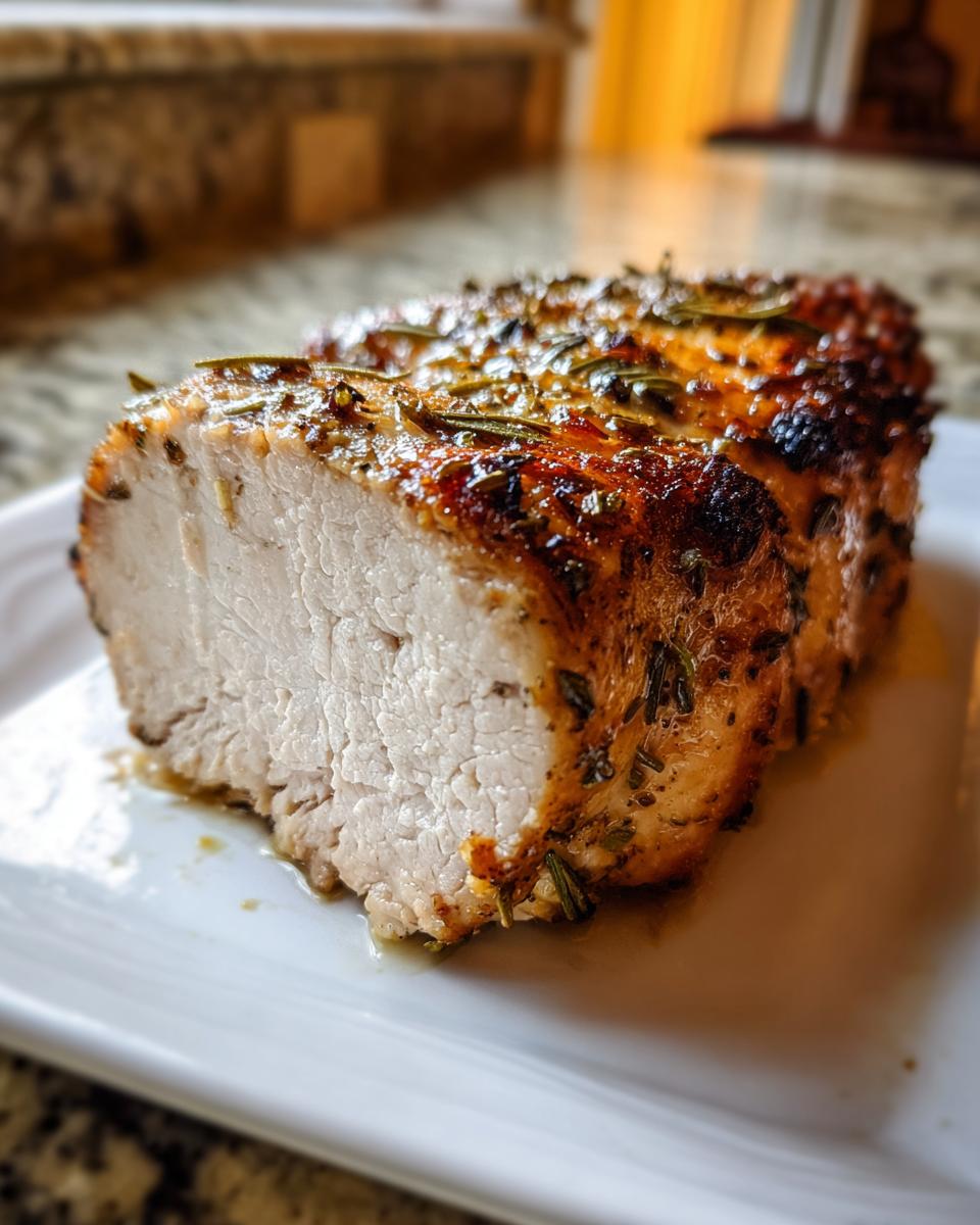 Cross-section of a perfectly cooked, juicy greek chicken roast showing moist white meat and a seasoned, browned exterior.