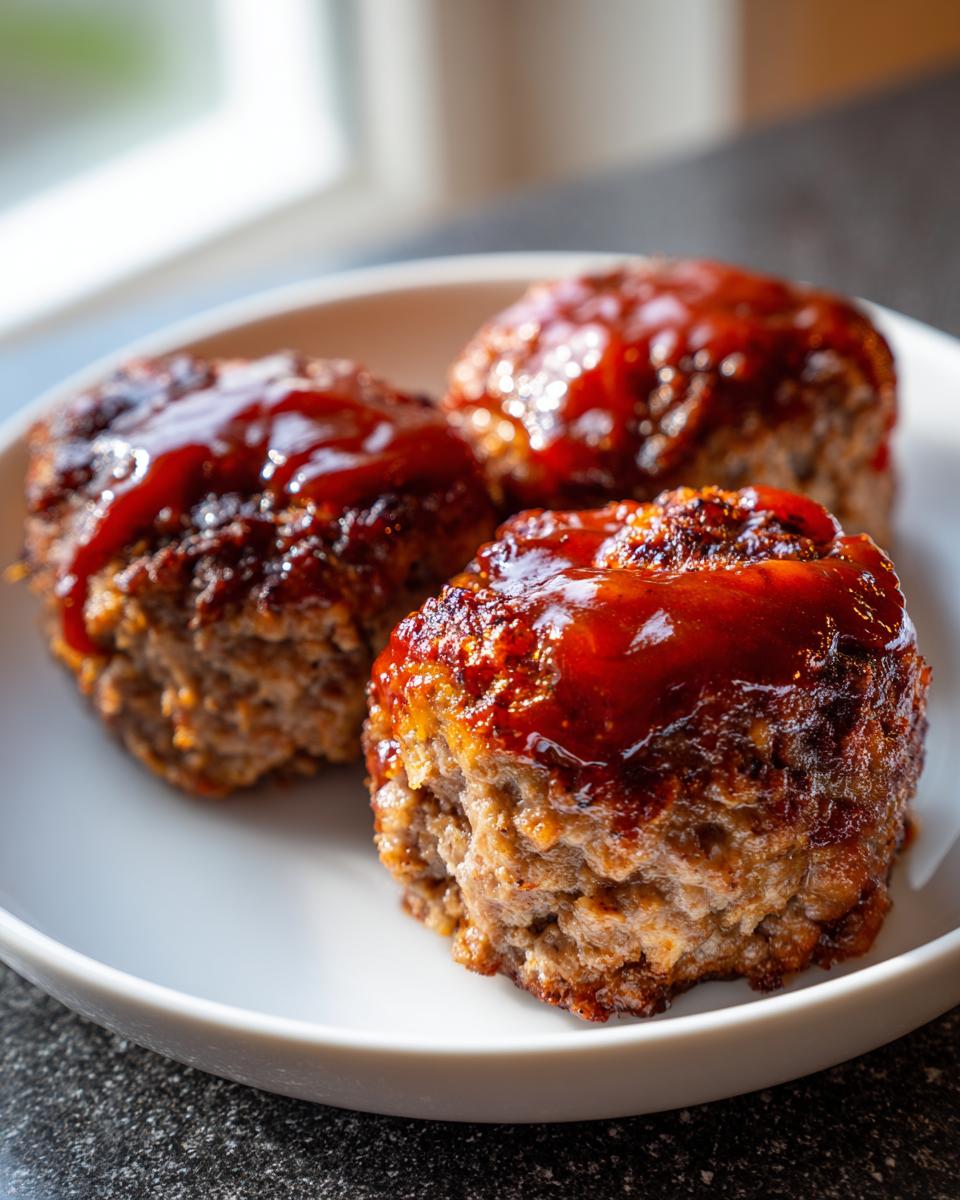 Close-up of three perfectly cooked mini meatloaf portions topped with a shiny, thick glaze on a white plate.