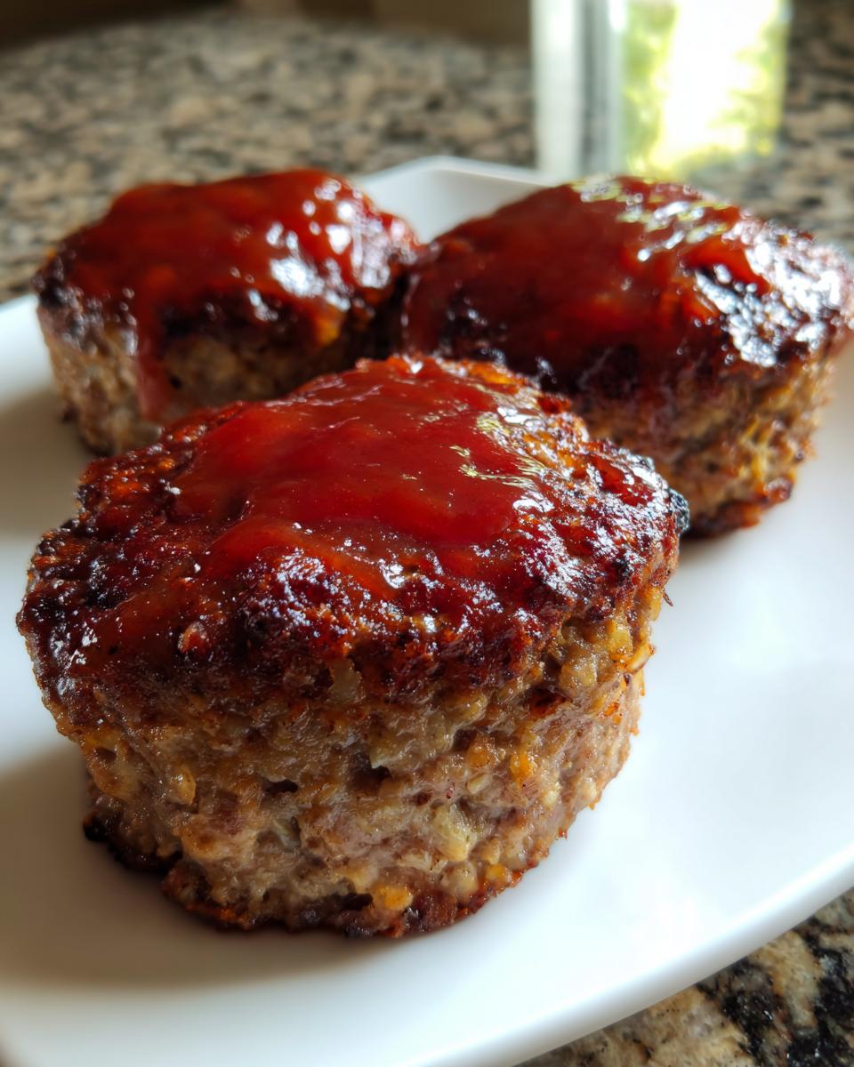 Close-up of three perfectly baked mini meatloaf portions topped with a shiny, red glaze, served on a white plate.