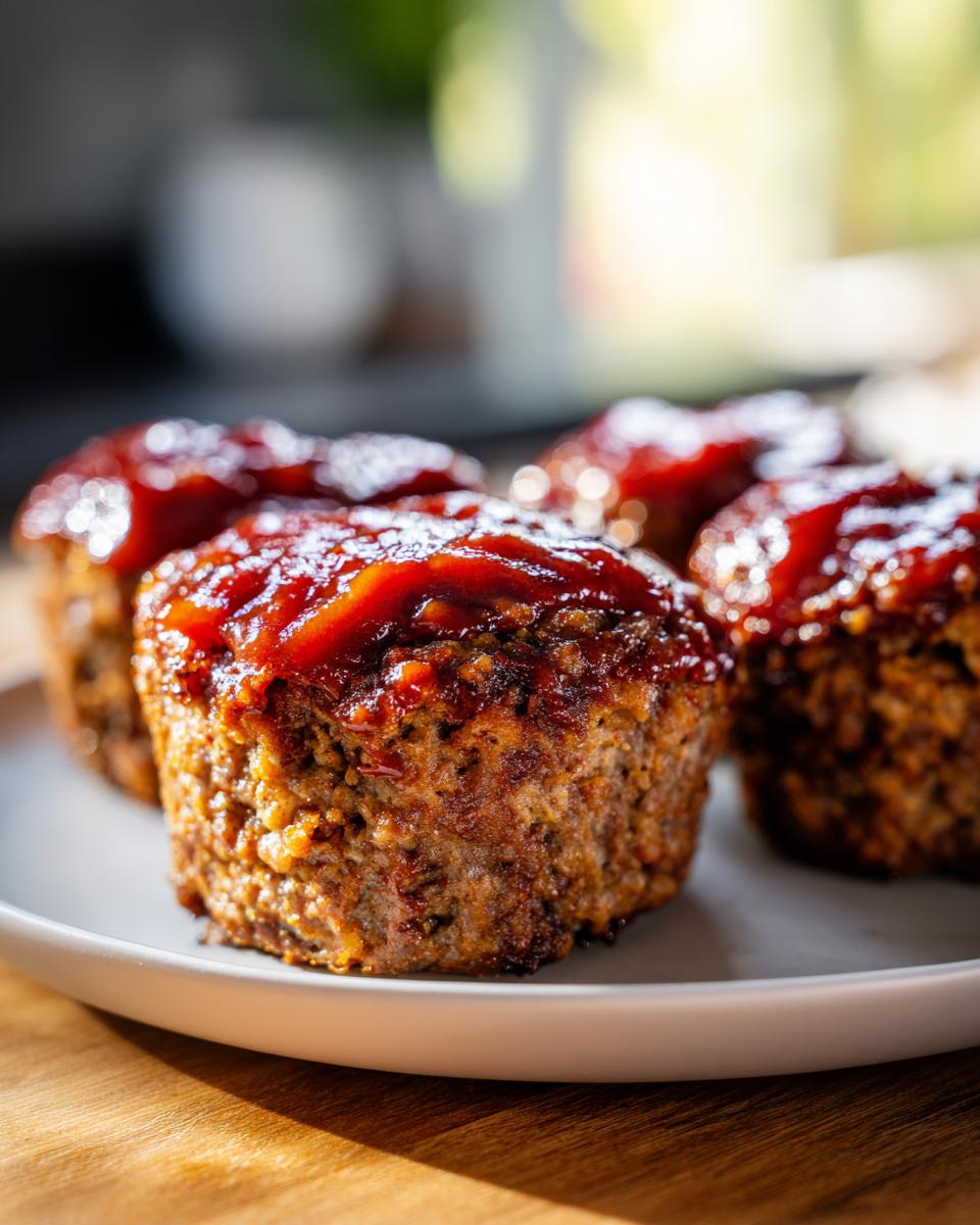 Four juicy mini meatloaf portions topped with a thick, shiny ketchup glaze served on a white plate.