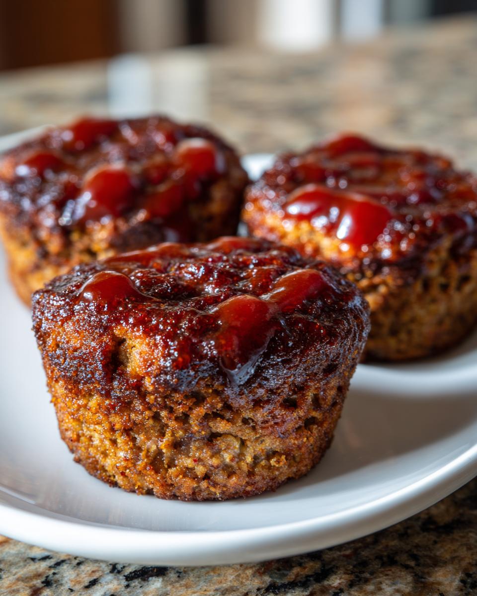 Close-up of three baked mini meatloaf portions topped with a thick, glossy ketchup glaze, served on a white plate.