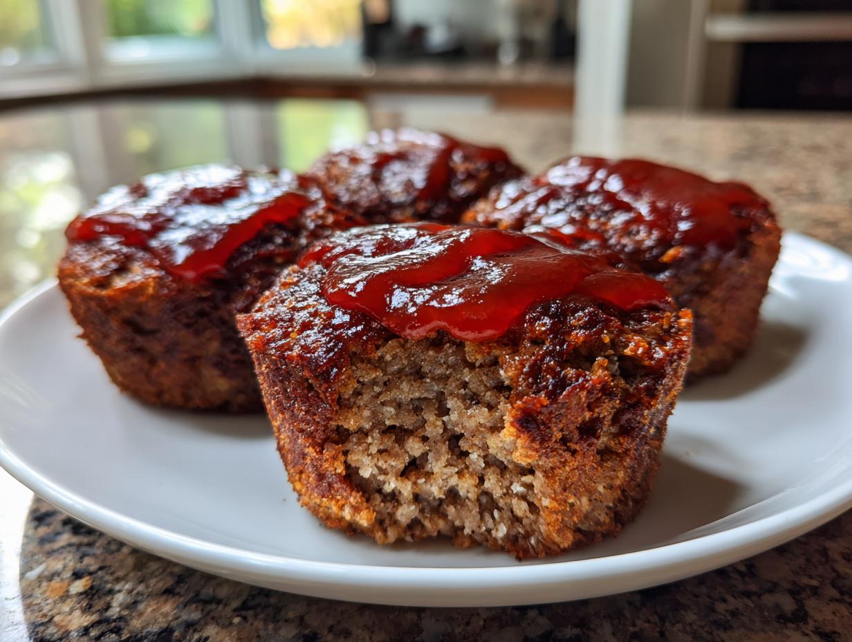 Four baked mini meatloaf portions topped with a shiny red glaze, served on a white plate.