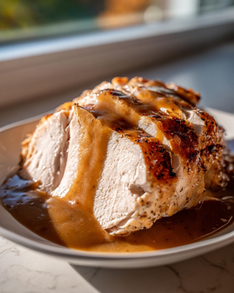 Close-up of sliced, juicy crockpot turkey breast covered in rich brown gravy.