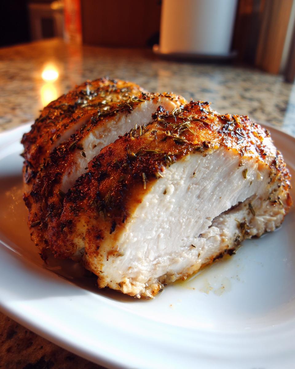 Close-up of perfectly cooked, sliced greek chicken breast showing juicy white meat and seasoned crust.