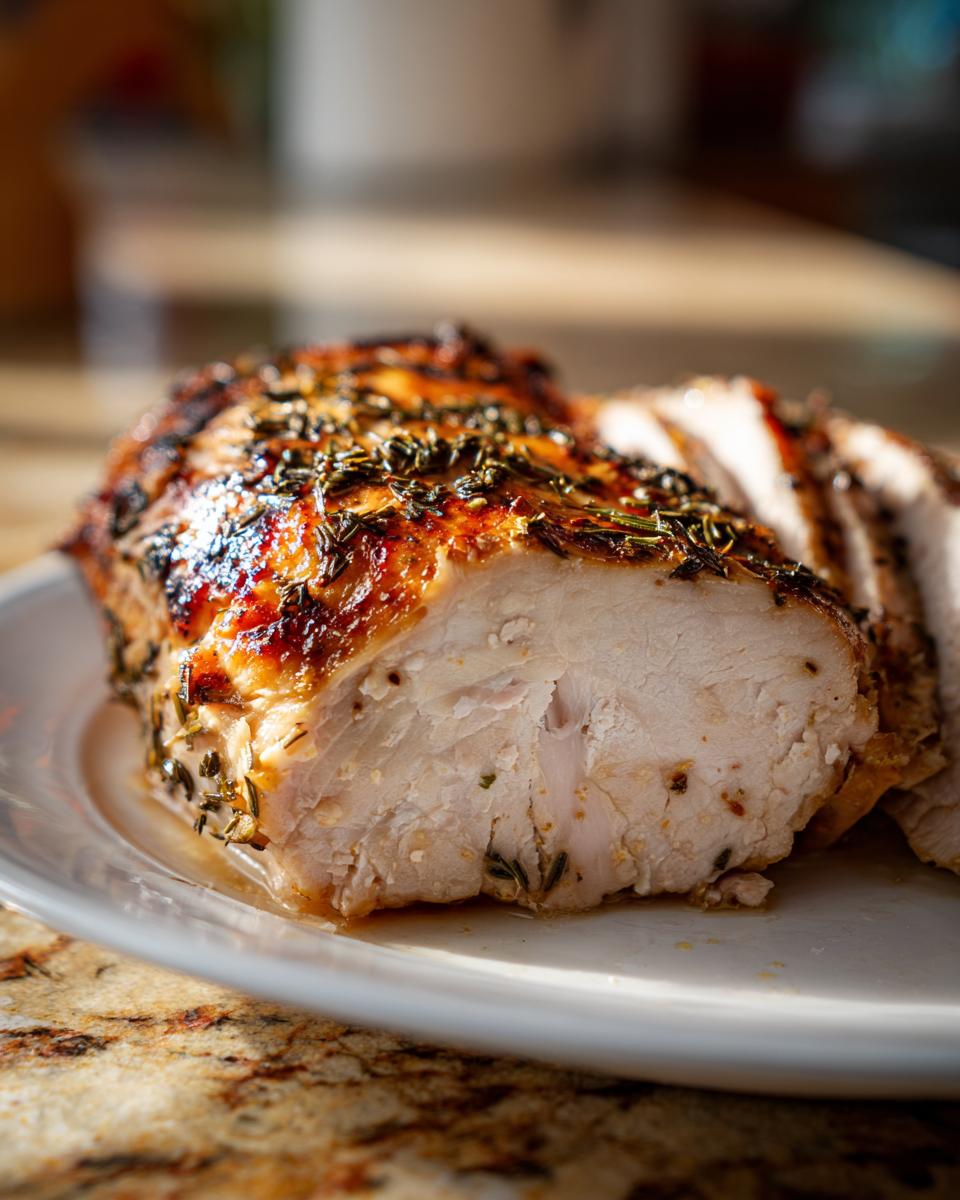 Close-up of juicy, sliced greek chicken breast roasted with herbs and a browned glaze.