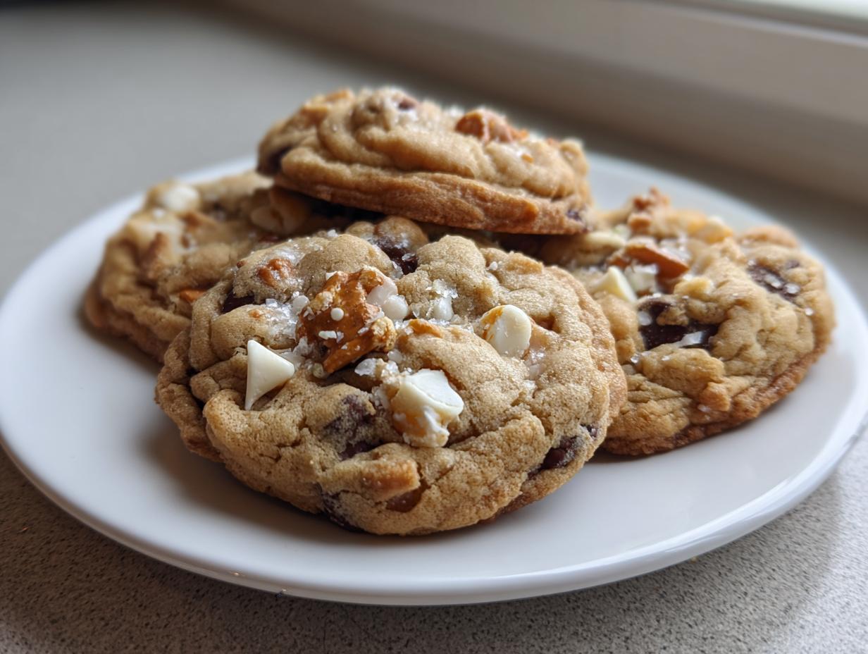 A stack of four soft, chewy kitchen sink cookies topped with white chocolate chips and sea salt.